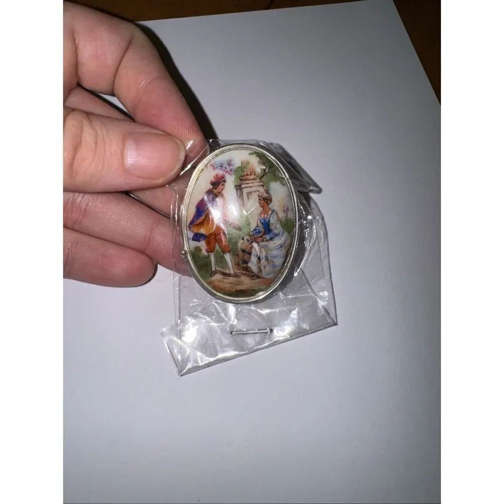 Vintage Limoges Porcelain Cameo Brooch Made in Limoges France Romantic Scene